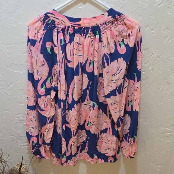 Silk Lilly Pulitzer Navy and Pink Flamingo Blouse - Picture 3 of 8